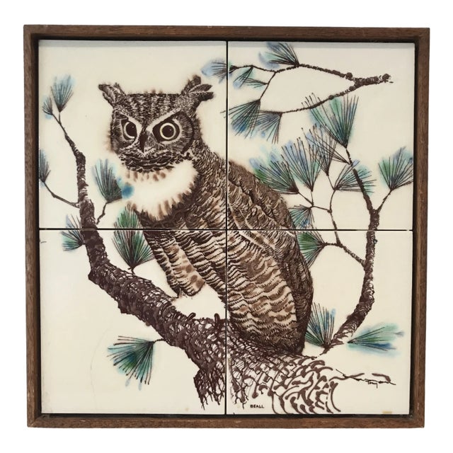 Mid-Century Hand Decorated Tile Panel Owls For Sale