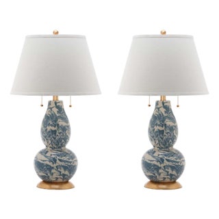 Color Swirls Marbled Glass Table Lamp in Blue/White - a Pair For Sale