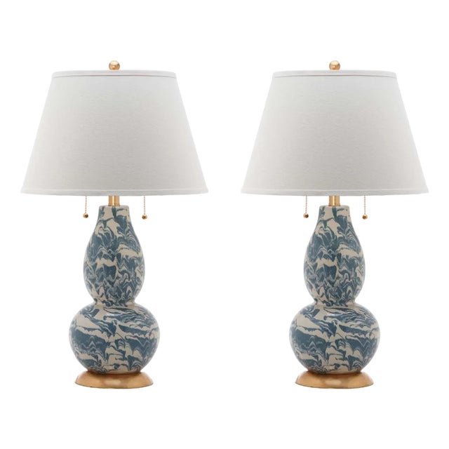 Color Swirls Marbled Glass Table Lamp in Blue/White - a Pair For Sale