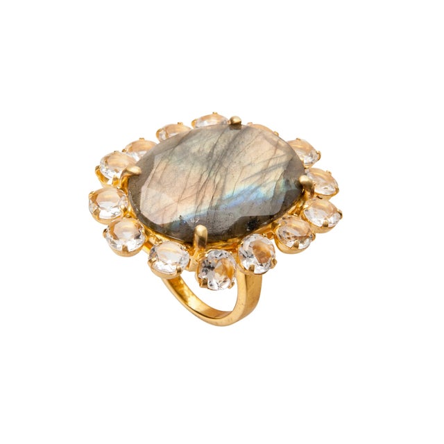 The Odessa Ring is a vintage-style masterpiece, meticulously created with semi-precious stones. Its large oval center is...