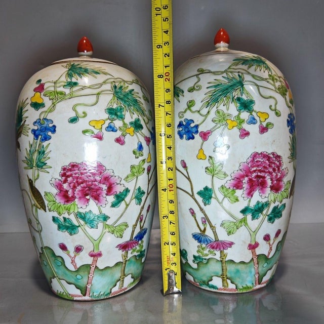 Ceramic Vintage Chinoiserie Famille Rose Floral & Bird Lidded Jars - A Pair For Sale - Image 7 of 9