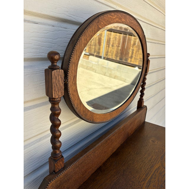 Jacobean Antique Oak Barley Twist Vanity / 3-Drawer Dresser on Casters With Beveled Swivel Mirror For Sale - Image 3 of 9