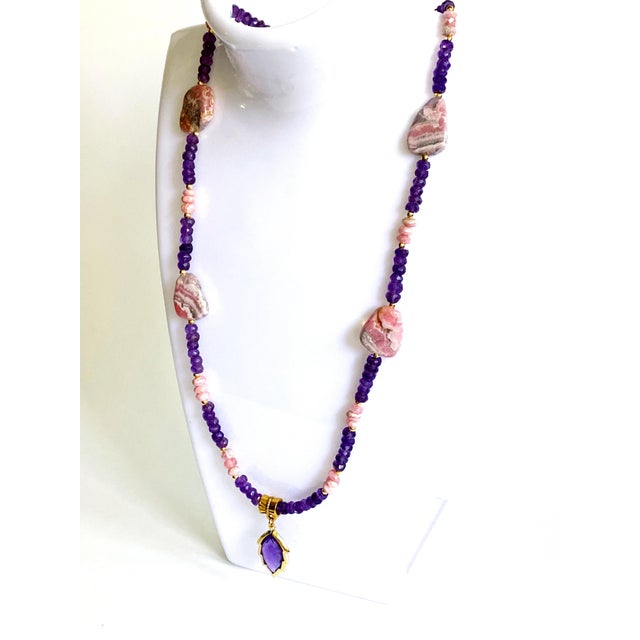 Artisan Amethyst Pendant Necklace With Genuine Argentine Rhodochrosite and Gilded Accents For Sale In New York - Image 6 of 18