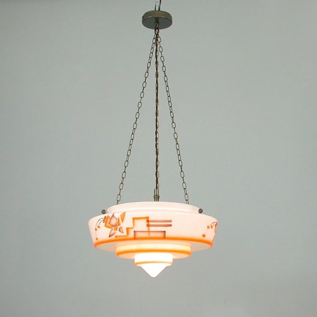 Bauhaus German Art Deco Pendant Lamp in Enameled Glass and Brass, 1930s For Sale - Image 3 of 18