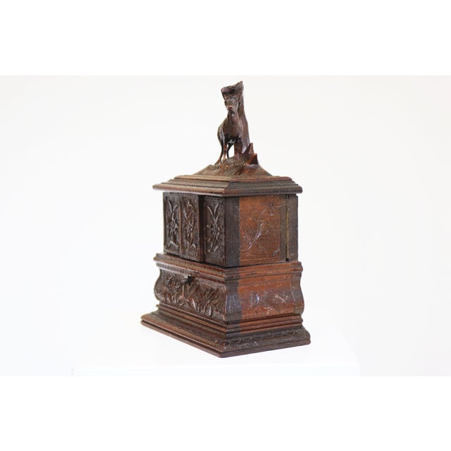 Brown Antique Black Forest Jewelry Box in Carved Fruitwood and Red Velvet Chest, 1890 For Sale - Image 8 of 11