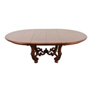 Henredon Italian Provincial Carved Walnut and Burl Wood Pedestal Extension Dining Table, Newly Refinished For Sale