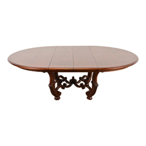 Henredon Italian Provincial Carved Walnut and Burl Wood Pedestal Extension Dining Table, Newly Refinished