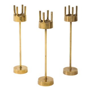1970's Brutalist Brass Candle Holders Set Of 3 For Sale