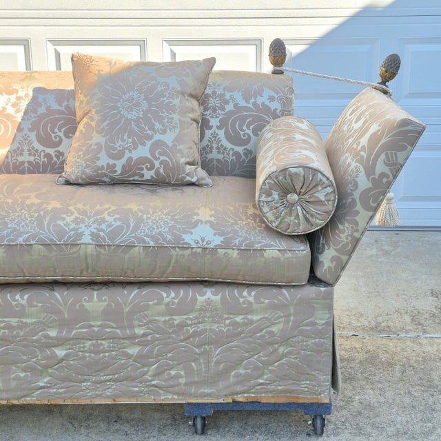 Wood Vintage George Smith Style Silk Damask Knole Sofa 81” Long With Hinged Sides Pineapple Finials Down Cushions For Sale - Image 7 of 17