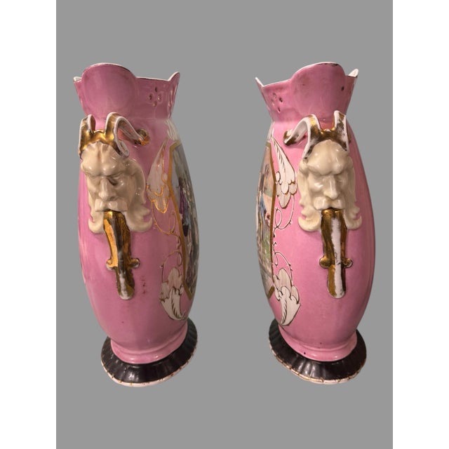 Pair of Antique Old Paris Porcelain Scenic & Gilt Decorated Handled 13.5" Vases For Sale - Image 6 of 11