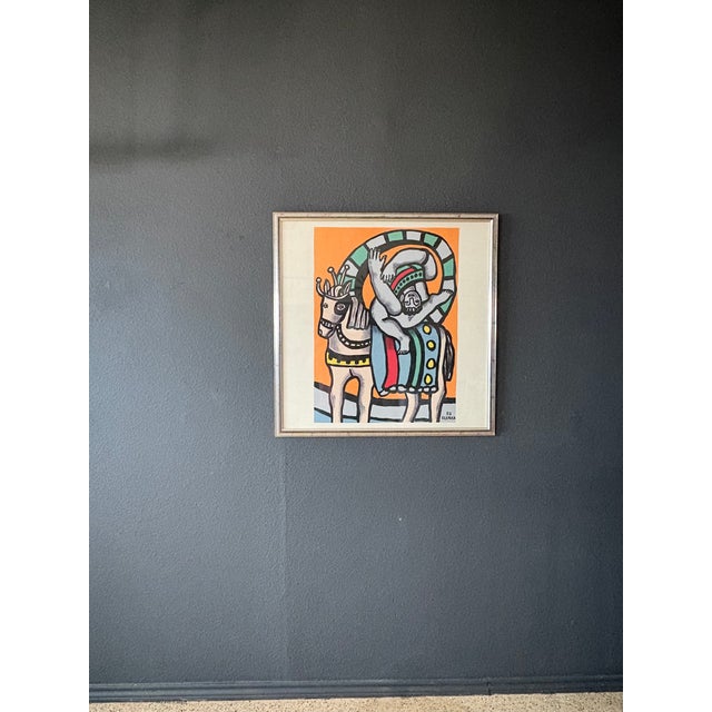 Fernand Leger Framed Silk Scarf, titled "L Acrobate et le Cheval Originally this was an oil painting, that was later...