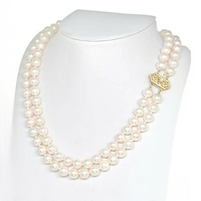 1990s Diamond Akoya Pearl Necklace 8 Mm 14k Gold 17 in 2-Strand Certified For Sale - Image 13 of 16