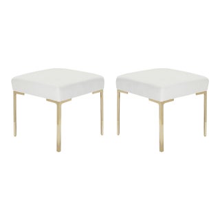 Astor Petite Brass Ottomans in Snow Velvet by Montage, Pair For Sale