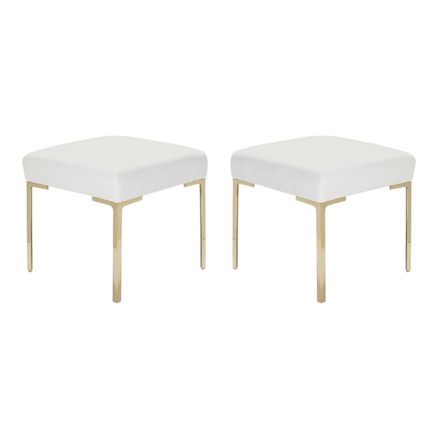 Astor Petite Brass Ottomans in Snow Velvet by Montage, Pair For Sale