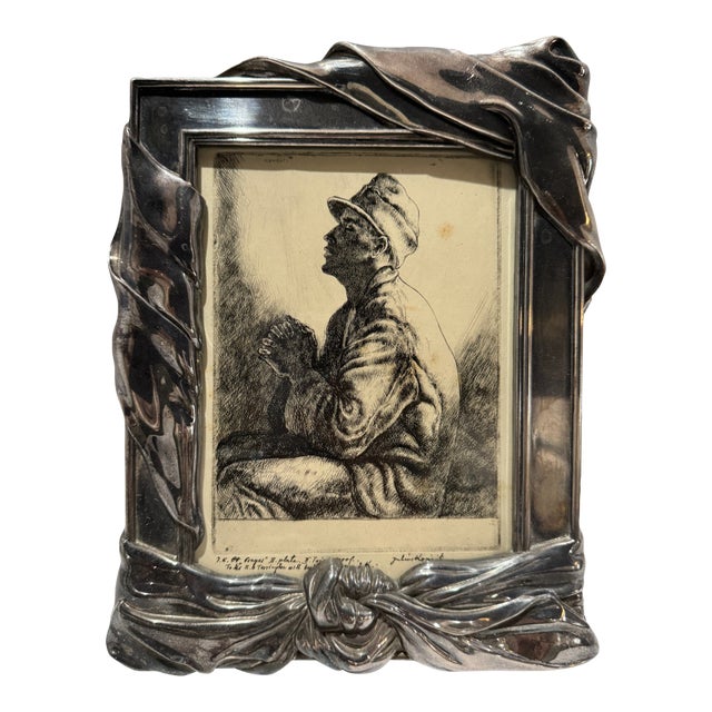 Early 20th Century Signed Julius Komjati Etching Portrait of Praying Man in Ornate Silver-Tone Frame For Sale