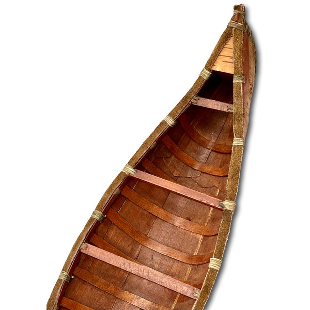 Vintage Very Nicely Completely Hand Made Northeastern Maine Indian Style Birch Bark Canoe Model - Replica - 23 Inches Long For Sale - Image 11 of 18