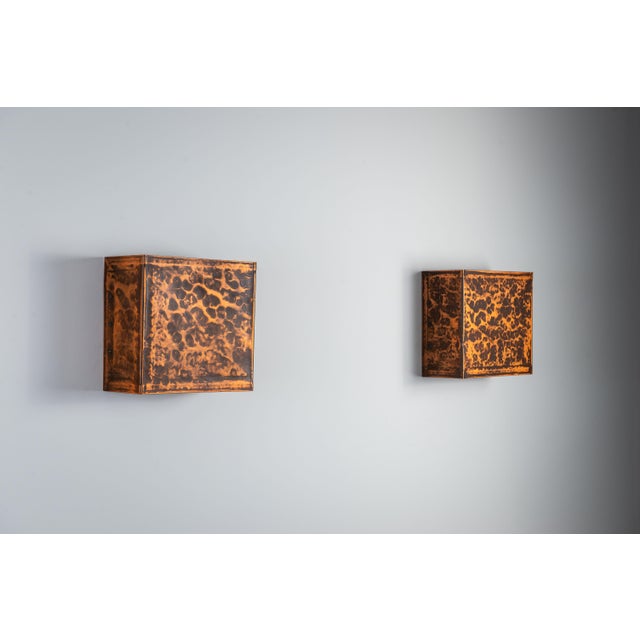 Square Textured Brass Wall Lamps, 1970s, Set of 2 For Sale - Image 4 of 12