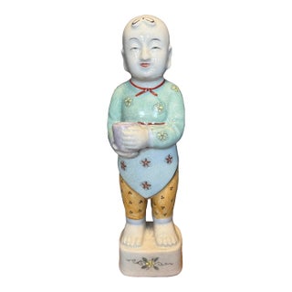 Antique Republic Period Chinese Porcelain Ho Ho Boy Figure in Wucai Glaze 12” For Sale