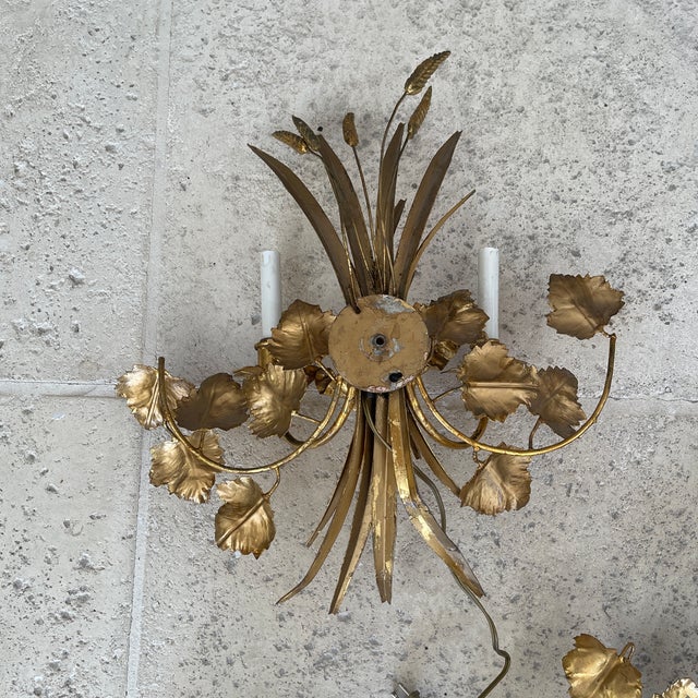 Metal 1950s Pair of Gilt Metal Grapevine Motif Wall Sconces For Sale - Image 7 of 10