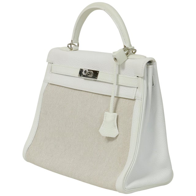 Hermès Hermès Kelly 32 Blanc Toile and Togo Palladium Hardware 2005 For Sale - Image 4 of 8
