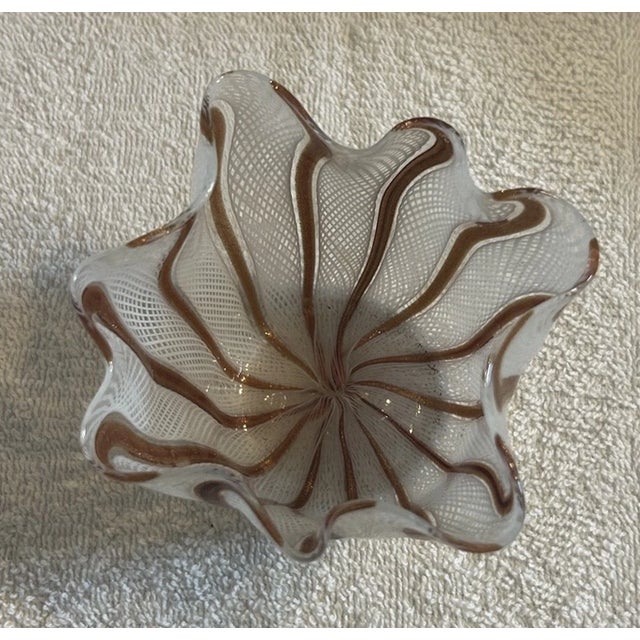Mid-Century Modern Vintage Murano Petite White Latticino and Gold Stripe Glass Handkerchief Vase For Sale - Image 3 of 5