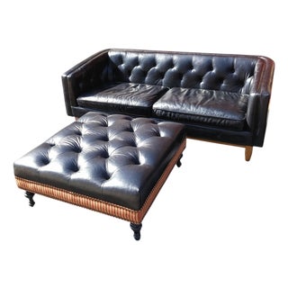 Experience the Classic Heritage &Contemporary Clean Lines With the Monrowe Leather Loveseat With a Custom Ottoman For Sale