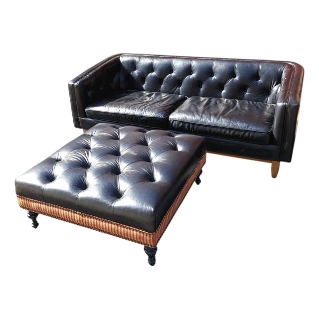 Experience the Classic Heritage &Contemporary Clean Lines With the Monrowe Leather Loveseat With a Custom Ottoman For Sale