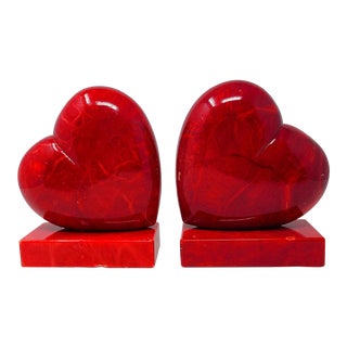 Vintage Italian Alabaster Red Heart Handmade Book Ends - a Pair For Sale