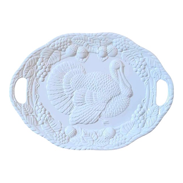 Vintage 21.5" White Embossed Harvest Turkey Platter With Handles by Century For Sale