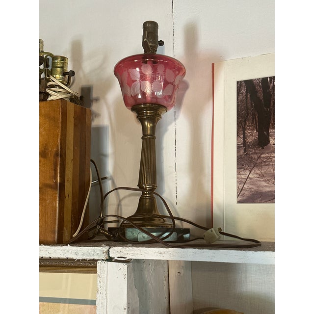Pink Antique Pink Cranberry Etched Glass Oil Lamp Converted to Electricity For Sale - Image 8 of 11
