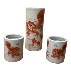 Vintage Trio Chinoiseries Ceramic Vases White Base Orange Foo Dog