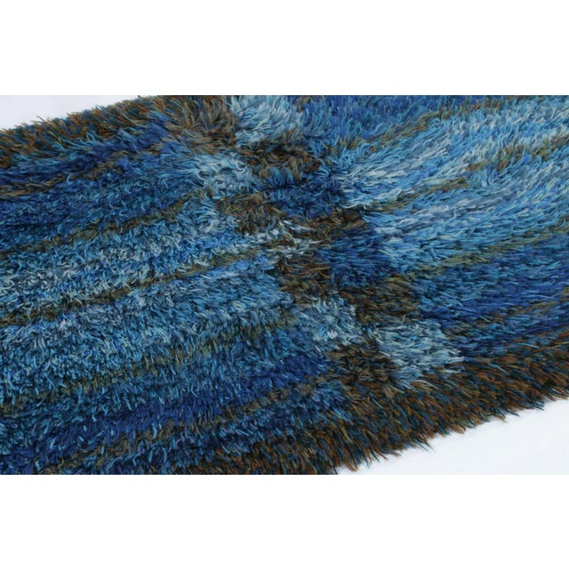 Rug & Kilim Vintage Swedish Rya Runner With Blue and Gray Geometric Pattern - Rug & Kilim For Sale - Image 4 of 7