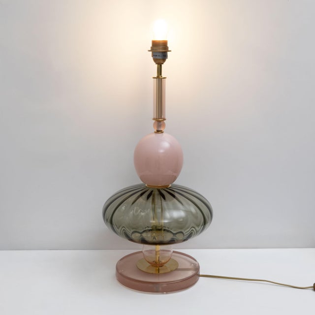 Geometric Murano Glass Table Lamps in Pink and Green in the style of Sottsass, 2000, Set of 2 For Sale - Image 4 of 9