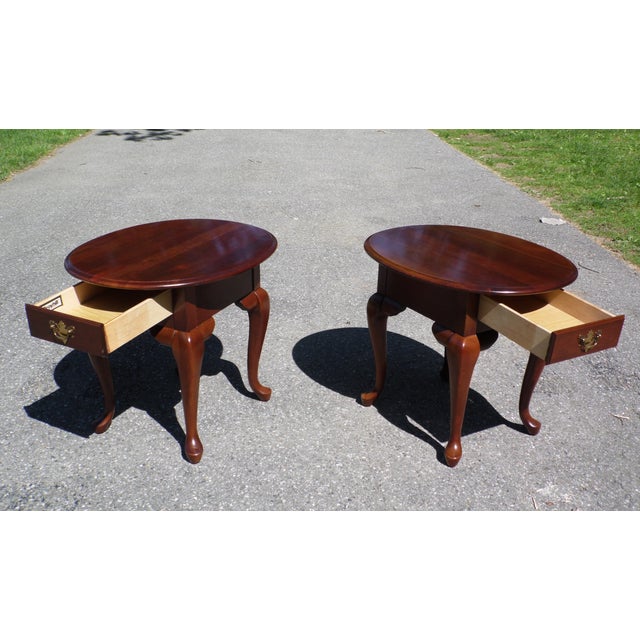 Pair Broyhill Queen Anne Style Solid Cherry Oval End Tables Nightstands