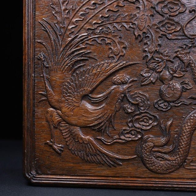 Vintage Chinese Huali Rosewood Box | Carved Dragon & Phoenix Motif Chest For Sale In Los Angeles - Image 6 of 9