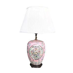 Chinoiserie Asian Motif Pink Pastel Famille Rose Floral Ceramic Porcelain Ginger Jar Lamp With Brass Detail and Cream Shade