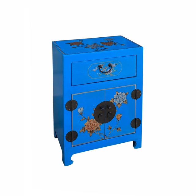 Chinese Chinese Bright Blue Vinyl Moon Face Flower Birds End Table Nightstand For Sale - Image 3 of 6