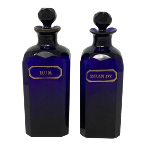 Pair of Mid 19th Century Bristol Blue Decanters With Gilt Decorations