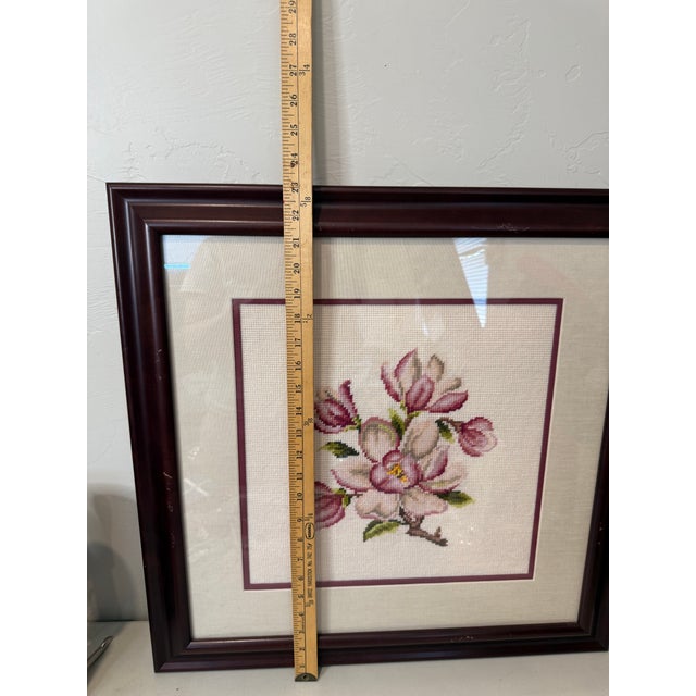 Mid 20th Century Vintage Framed Cross Stitch Magnolia Open Flower Botanical Art 23"x23" Professionally Framed Needlepoint Embroidery For Sale - Image 5 of 12