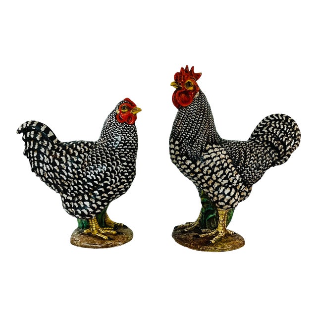 Vintage Zaccagnini Terra Cotta Italy Rooster Hen Figurines a Pair For Sale