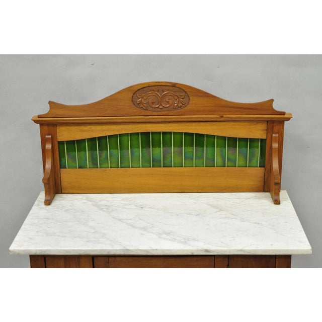 Antique English Arts & Crafts Birch Wood Green Tile Backsplash Washstand Server For Sale - Image 4 of 18