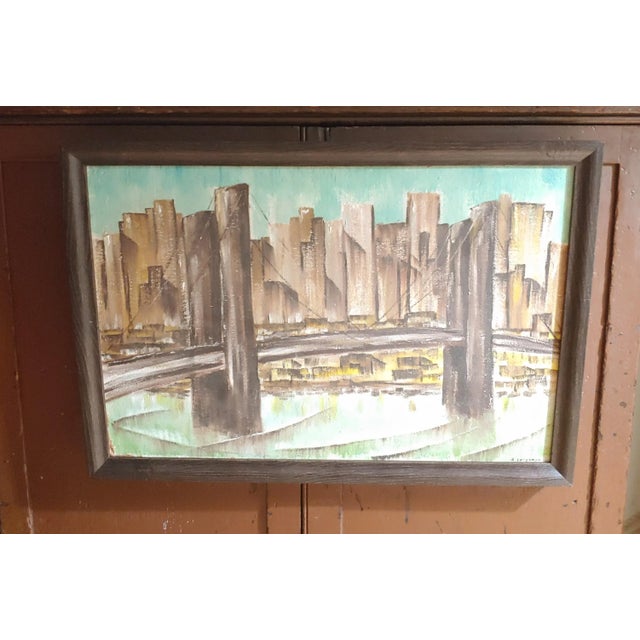1950s Skyline Cityscape Oil on Board Painting, Framed For Sale In New York - Image 6 of 6