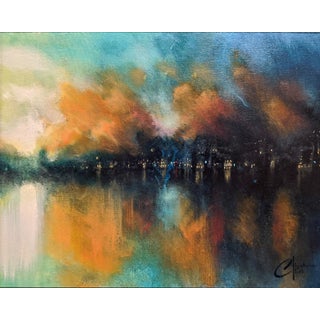 Misty City by Christopher Clark | Oil on canvas panel of a city skyline shrouded in mist For Sale