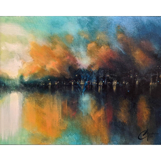 Misty City by Christopher Clark | Oil on canvas panel of a city skyline shrouded in mist For Sale