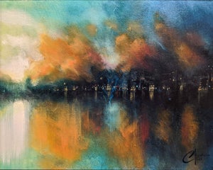 Misty City by Christopher Clark | Oil on canvas panel of a city skyline shrouded in mist