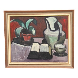 Evy Olesen, Pitcher and Plant, 1964, Oil Painting on Canvas, Framed For Sale