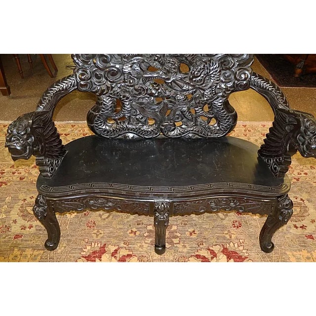 Wood Early 20th Century Japanese Meiji Carved Teak Dragon Carved Bench Settee For Sale - Image 7 of 10