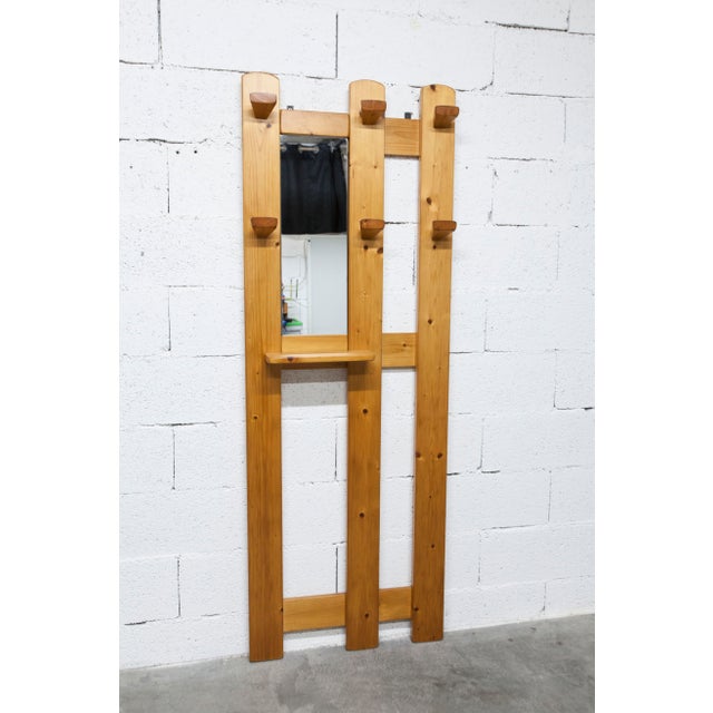 Vintage Wall-Mounted Coat Rack in Pine with Mirror, 1970 For Sale - Image 6 of 17