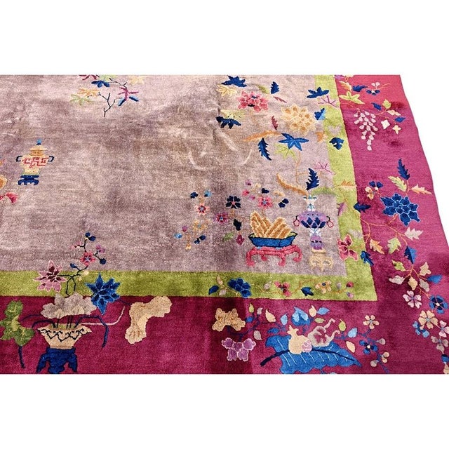 Light Purple Antique Floral Room Size Chinese Art Deco Wool Rug 9' 2" X 11' 8" For Sale - Image 4 of 9