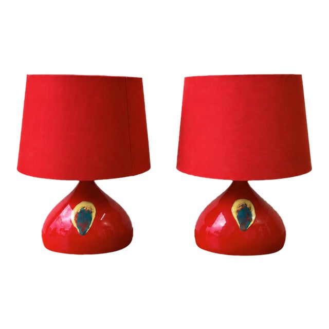 Vintage Danish Modern Bjørn Wiinblad Rosenthal Red Ceramic Table Lamps - Pair For Sale